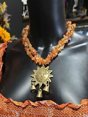 ARTISAN MADE! Carnelian Bead Necklace with Sun Pendant - Orange